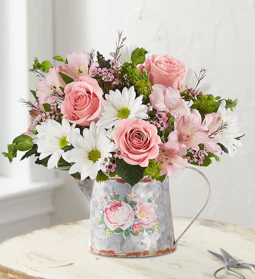 MOM'S GARDEN - PASTEL FLOWERS ARRANGED IN A DISTRESS WATERING CAN