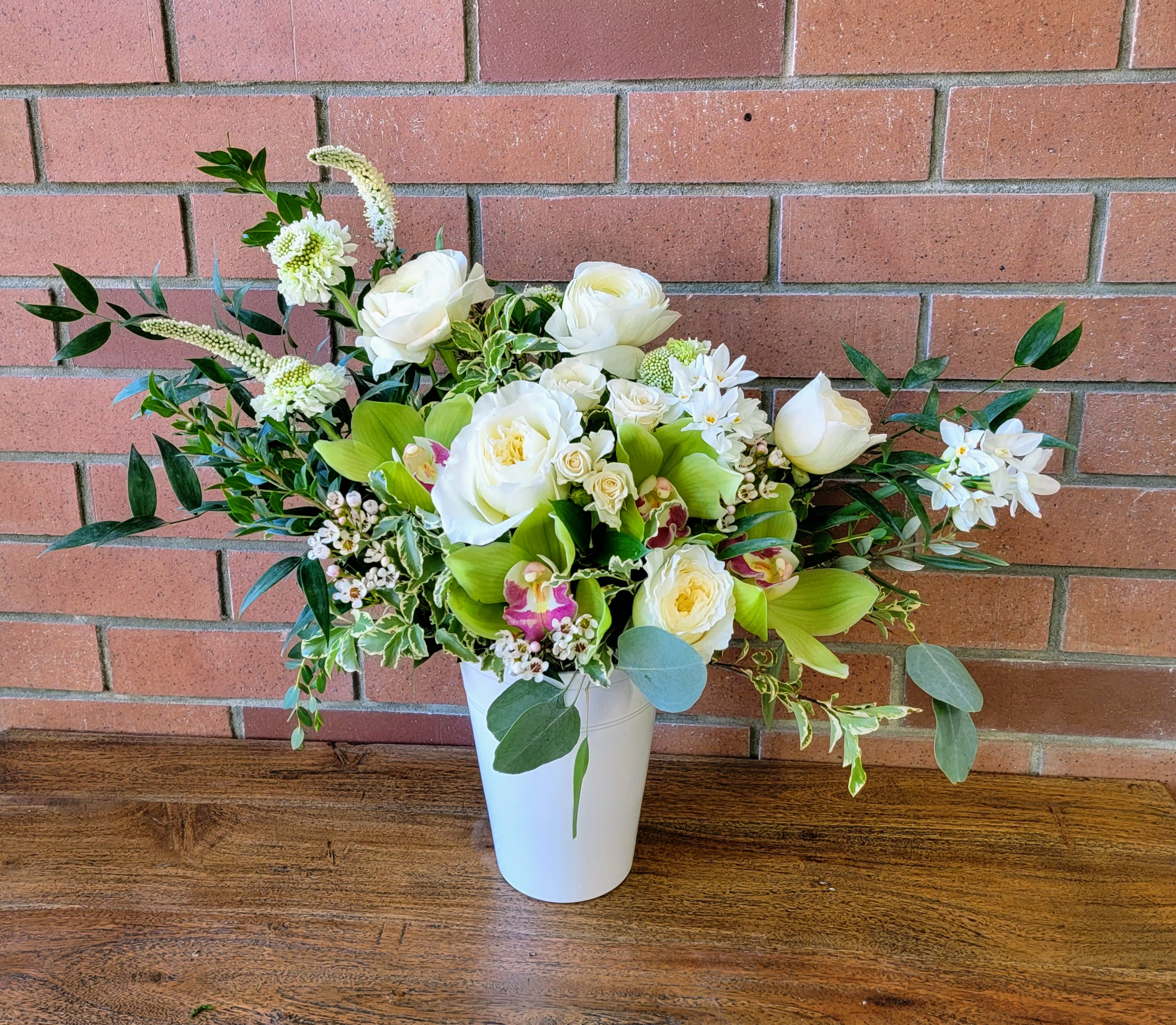 Sage Garden - Serene premium blooms in simplicity two main tones. White garden roses, green orchids, ranunculus, scabiosa and touches of spring flowers arranged among lush greenery.