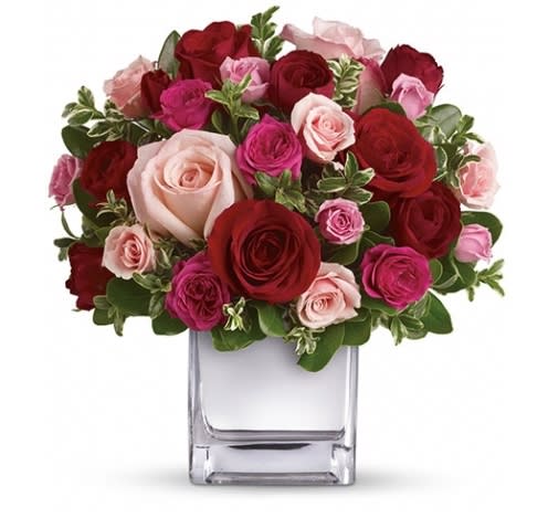 My Modern Love - This modern, compact design using red and pink roses and hot pink spray roses is designed in a silver cube, perfect for that special Valentine. 