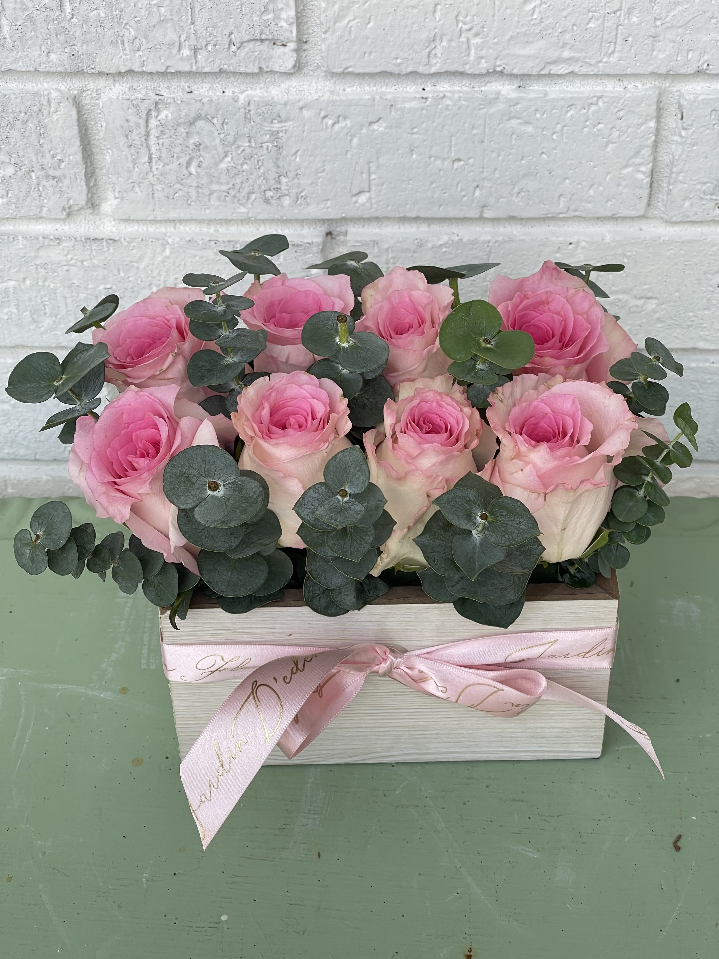 the petite window rose box the petite window rose box - 8 roses with greenery in a cute rectangle box