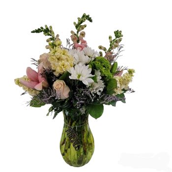 Friendship - Who do you value as a Friend!!  He/She just might like knowing you are thinking of them.  The green vase is accented with flowers that just go together in both color and composition - snapdragon, roses, stock, lily, hydrangea, daisies...pinks, green, white/cream.