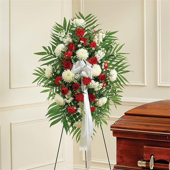 Red and White Sympathy Standing Spray in Suffern, NY Petals and Stems