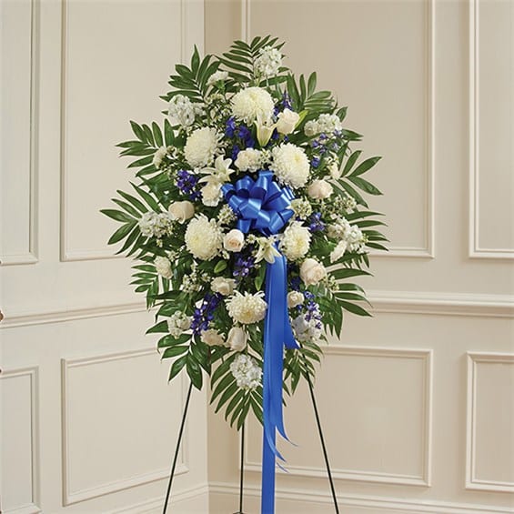 Blue & White Sympathy Standing Spray in Suffern, NY Petals and Stems