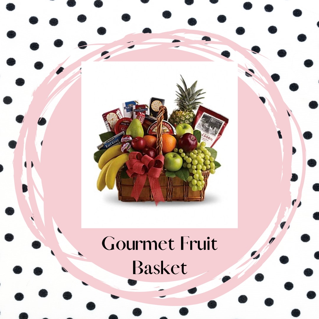 Gourmet Fruit Basket Gourmet Fruit Basket - A perfect gift for a holiday, birthday, sympathy, housewarming or get well soon. Various fruit, nuts, cheeses and crackers.