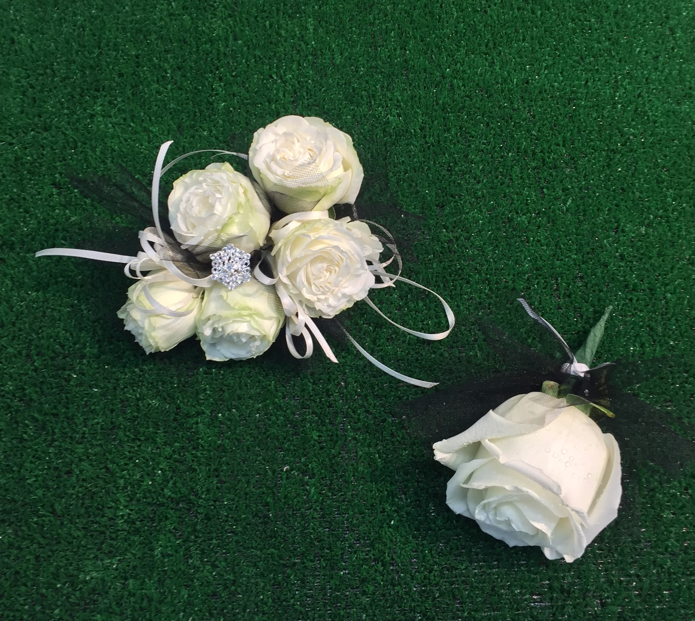 Wrist Corsage + Boutonniere 1 - Wrist corsage and boutonniere with roses and accents. CUSTOMER CAN CHOOSE ANY COLOR.
