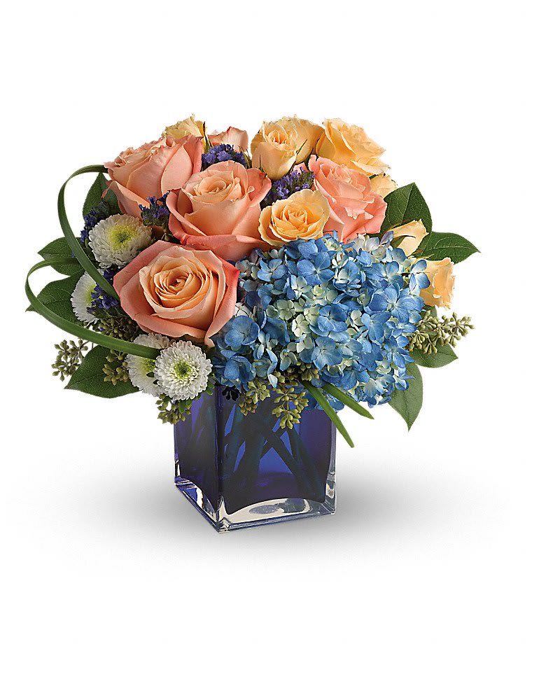 Modern Blush Bouquet - Send these fashionable flowers on any occasion that calls for high style! Lush and luxurious this chic mix of hydrangea and roses is hand-delivered in a bold blue glass cube vase for a gorgeous gift they won't forget. This chic bouquet includes blue hydrangea peach roses peach spray roses white matsumoto asters blue sinuata statice seeded eucalyptus lily grass and lemon leaf. Delivered in a blue cube vase.