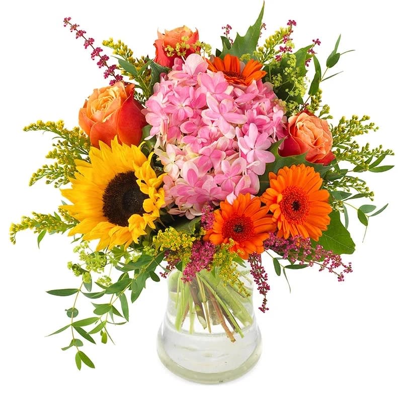 Sunny Delight bouquet - Look on the bright side of life! This sunny, hand-tied bouquet in orange, yellow and pink shows where it's going! Namely, directly into the heart of your loved ones. Brighten the day of your sweethearts