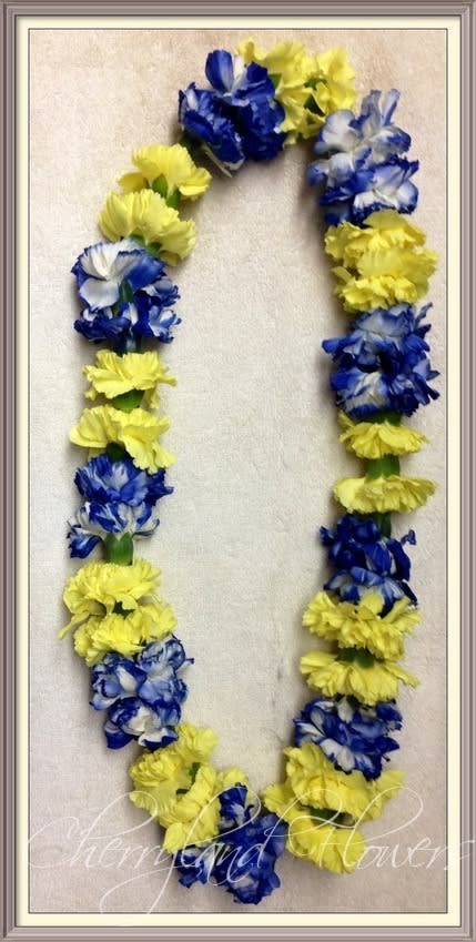 Blue &amp; Yellow Carnation Leis - This gorgeous carnation lei, consisting of blue and yellow carnations, is a common symbol of love, friendship, celebration, honor, and happy greetings artfully crafted to you to offer fun and festive beauty to your special occasion. 