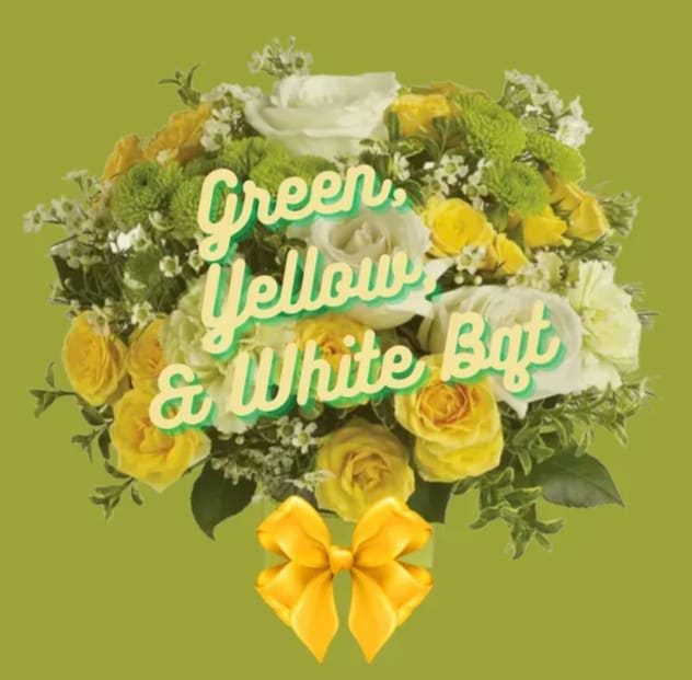 Green, Yellow, & White Designer's Choice Wrapped Bouquet Green, Yellow, & White Designer's Choice Wrapped Bouquet - Celebrate your grad with this bright assortment of green, yellow, and white flowers wrapped in an elegant bouquet.