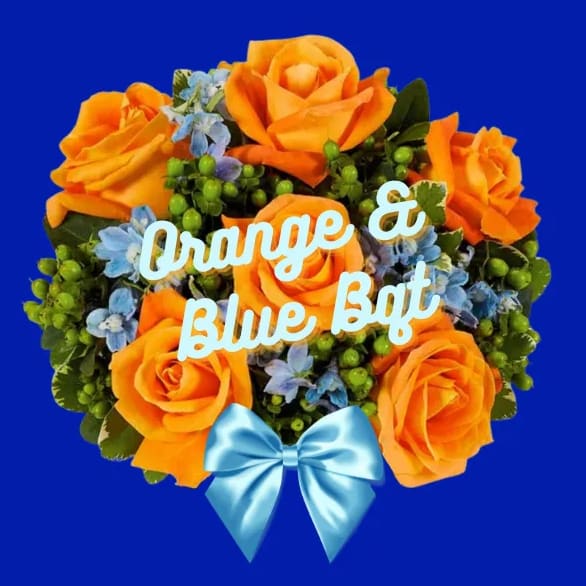 Orange &amp; Blue Designer's Choice Wrapped Bouquet - Celebrate your grad with this bright assortment of orange and blue flowers wrapped in an elegant bouquet. 
