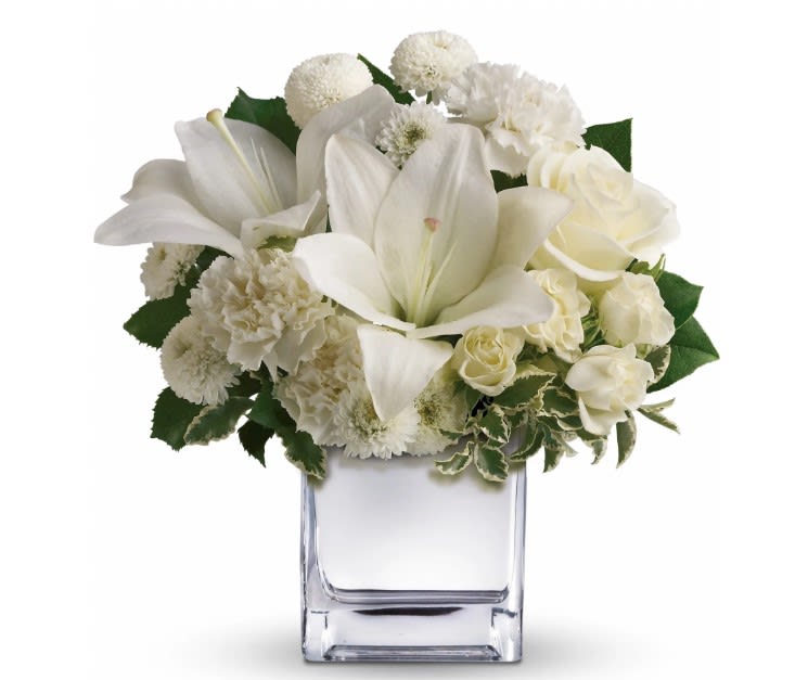 Teleflora's Peace & Joy Bouquet Teleflora's Peace & Joy Bouquet - Surprise a faraway friend with this elegant array of Christmas flowers. White roses, lilies and other favorites are displayed in a chic mirrored silver cube. Simple and affordable, it is a lovely gift that will brighten spirits without breaking your bank. The elegant holiday bouquet includes white roses, white Asiatic lilies, white carnations and white button spray chrysanthemums accented with assorted greenery. Approximately 11" W x 11 1/2" H Orientation: All-Around As Shown : T408-2A Deluxe : T408-2B Premium : T408-2C