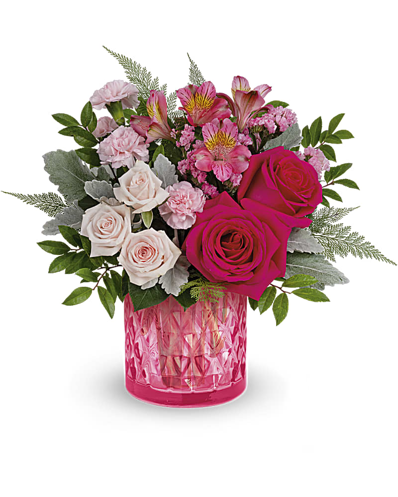 Vintage elegance - Take their Valentine's Day breath away with this stylish pink rose bouquet, presented in an artisanal mosaic vase of stained glass that swirls in stunning shades of pink.