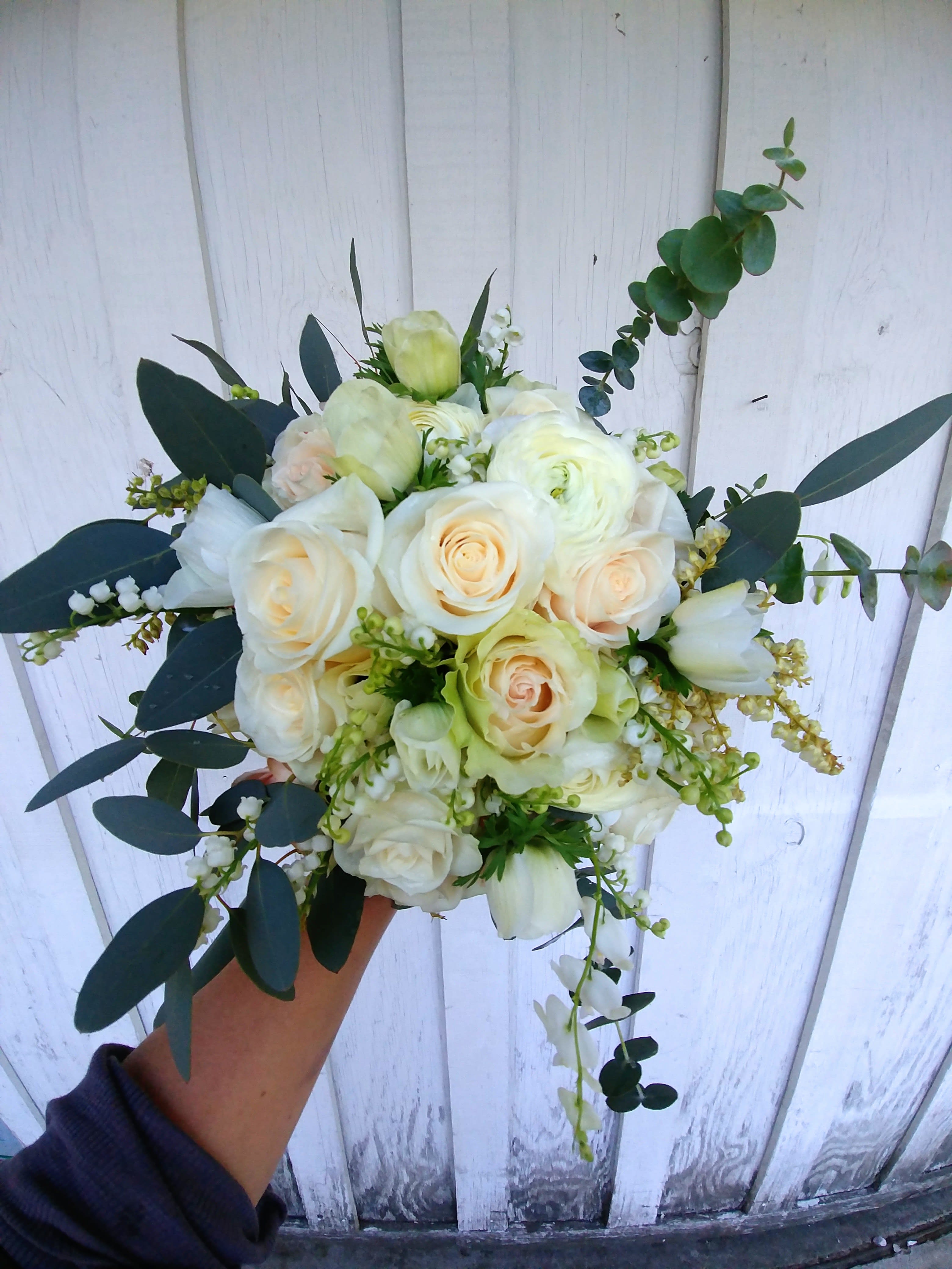 Bridal Bouquet - Mixed bouquets of flowers are available throughout the season with mixed flowers and foliage.   Please specify color. Flower type is chosen by Willow Oak Farm Mixed bouquets come freshly prepared and wrapped up  and tied with a ribbon. 
