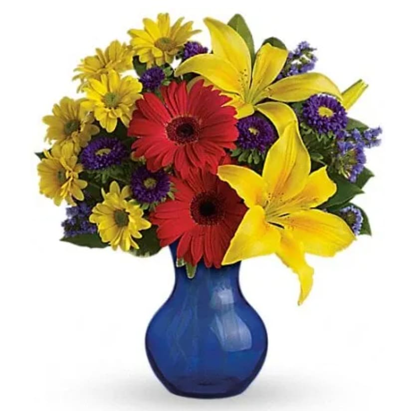 Teleflora's Summer Daydream Bouquet - Send them on a summer daydream with this sensationally sunny bouquet! These vivid blooms are arranged in a cobalt blue vase. Includes yellow asiatic lilies, red gerberas, purple matsumoto asters, yellow daisies, lavender statice and fresh green lemon leaf. Delivered in a Serendipity vase.Approximately 13&quot; W x 14 1/2&quot; H