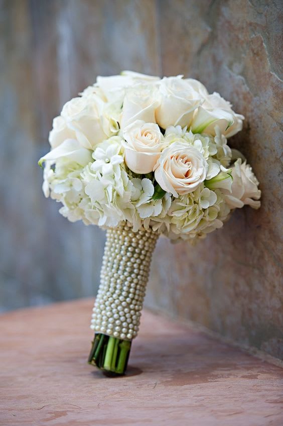 White bride bouquet - White Roses and white Hydrangeas bride bouquet