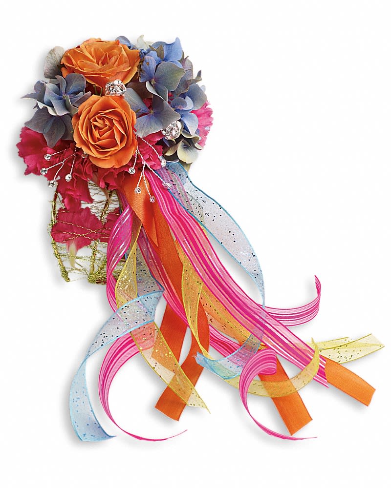 You Glow Corsage - A riot of ribbons gives a playful flair to this bright mix of blue hydrangea, orange roses and pink carnations. Blue hydrangea, orange spray roses, hot pink miniature carnations with green wire leaf embellishment.