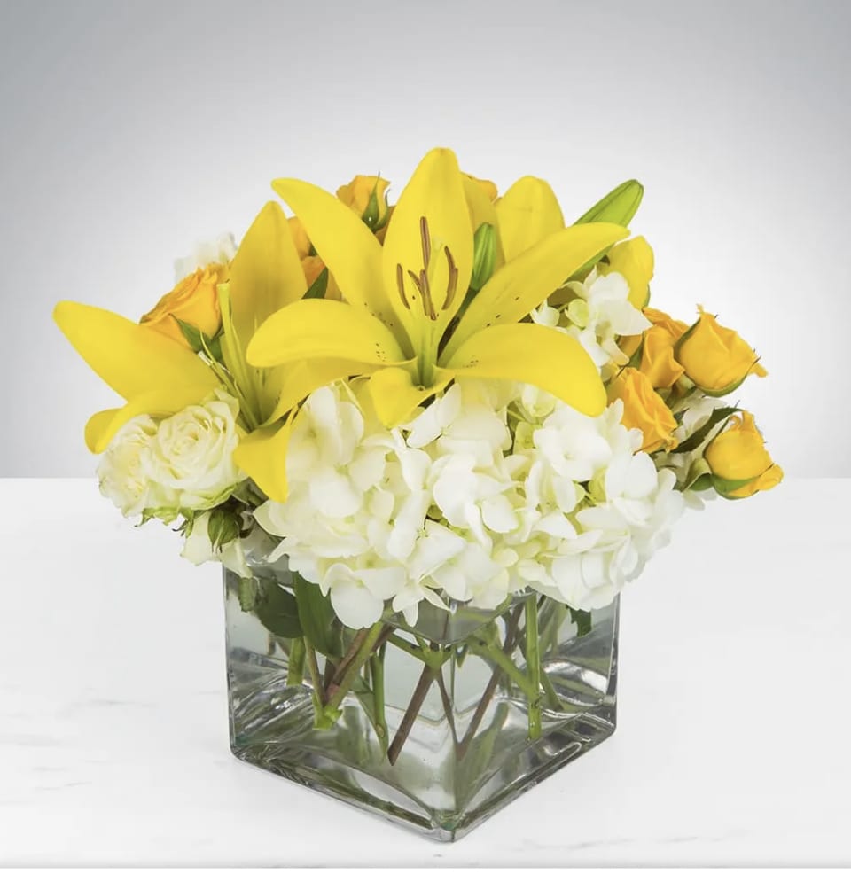 Kiss of the Sun by BloomNation™ Kiss of the Sun by BloomNation™ - Bring the sunshine to someone's day with the gorgeous, fragrant bouquet. This arrangement contains asiatic lilies, spray roses, and hydrangea. It is the perfect gift for someone's birthday or to uplift someone's spirits. APPROXIMATE DIMENSIONS: 9"L X 9"W x 9"H