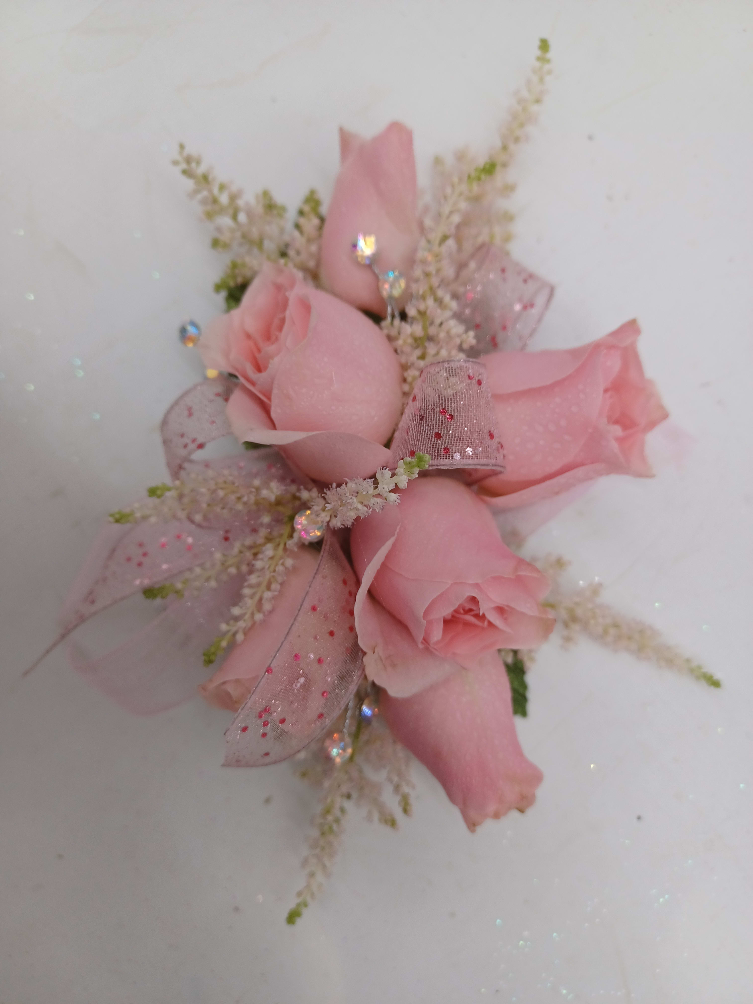 Pink Spray Rose Wrist Corsage - Pink Spray Roses, Rhinestones, Ribbons, Small white accent flower &amp; Greenery all designed on a wrist band. ** This style is available in a variety of colors. Call to order with your custom colors. **