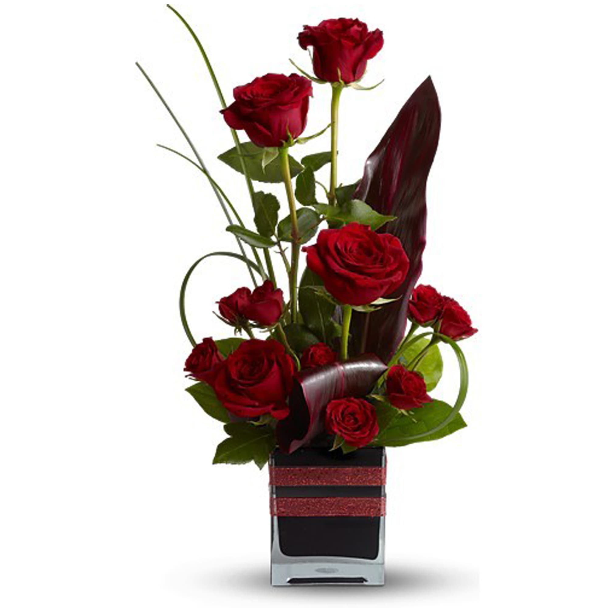 Red Wolf Romance Roses - Howl Yes!! Roses, the traditional flower of love, receive a modern twist in this imaginative bouquet, stylishly presented in a black or red contemporary glass cube vase. An excitingly different way to say, &quot;I love you.&quot; (to customize your order please call 870-203-9844) *Flowers will be, as close to the photo as possible with the flowers that are available and in season.    The trendy bouquet includes red roses and red spray roses accented with assorted greenery arranged in modern shapes.  Delivered in a black contemporary glass cube vase decorated with red ribbon.  Bouquet is approximately 20&quot; H x 11 1/2&quot; W  Orientation: All-Around  As Shown : TFWEB611