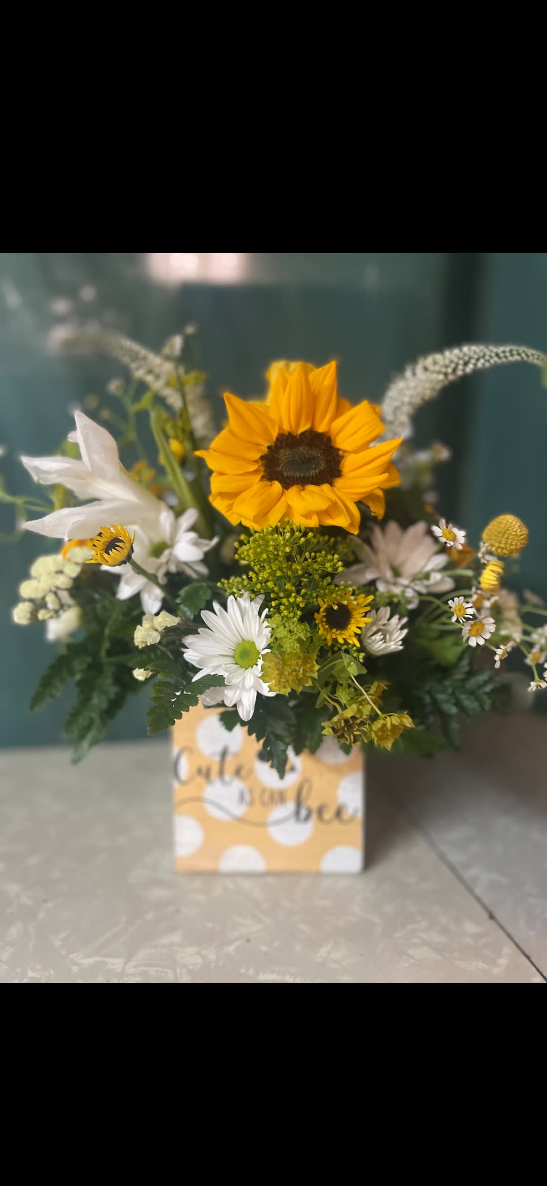Cute as a Bee! - Fun container filled with equally fun flowers of bright yellows. Perfect for summertime, Father's Day, Baby Showers, or anytime!