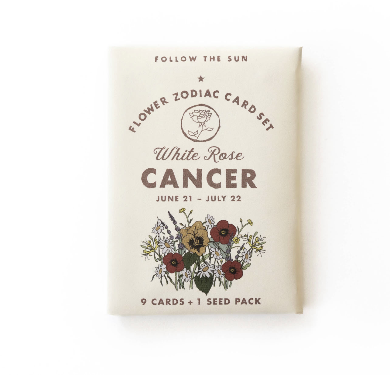 Flower Zodiac Sticker Card Set Cancer - Inspired by vintage collectible trading card sets, our Flower Zodiac Sticker Card Sets explore the beauty of flowers reflected in the starry night skies above.  Cancer (June 21 - July 22) Flower Zodiac Sticker Card Set Contains 9 Sticker Cards + Secret Puzzle + Seed Pack