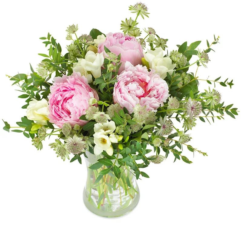 Blooming Dream  bouquet  - Stunning bouquet with peonies,  freesias, astrantia, and eucalyptus. Surprise a loved person with these favorite seasonal blooms!