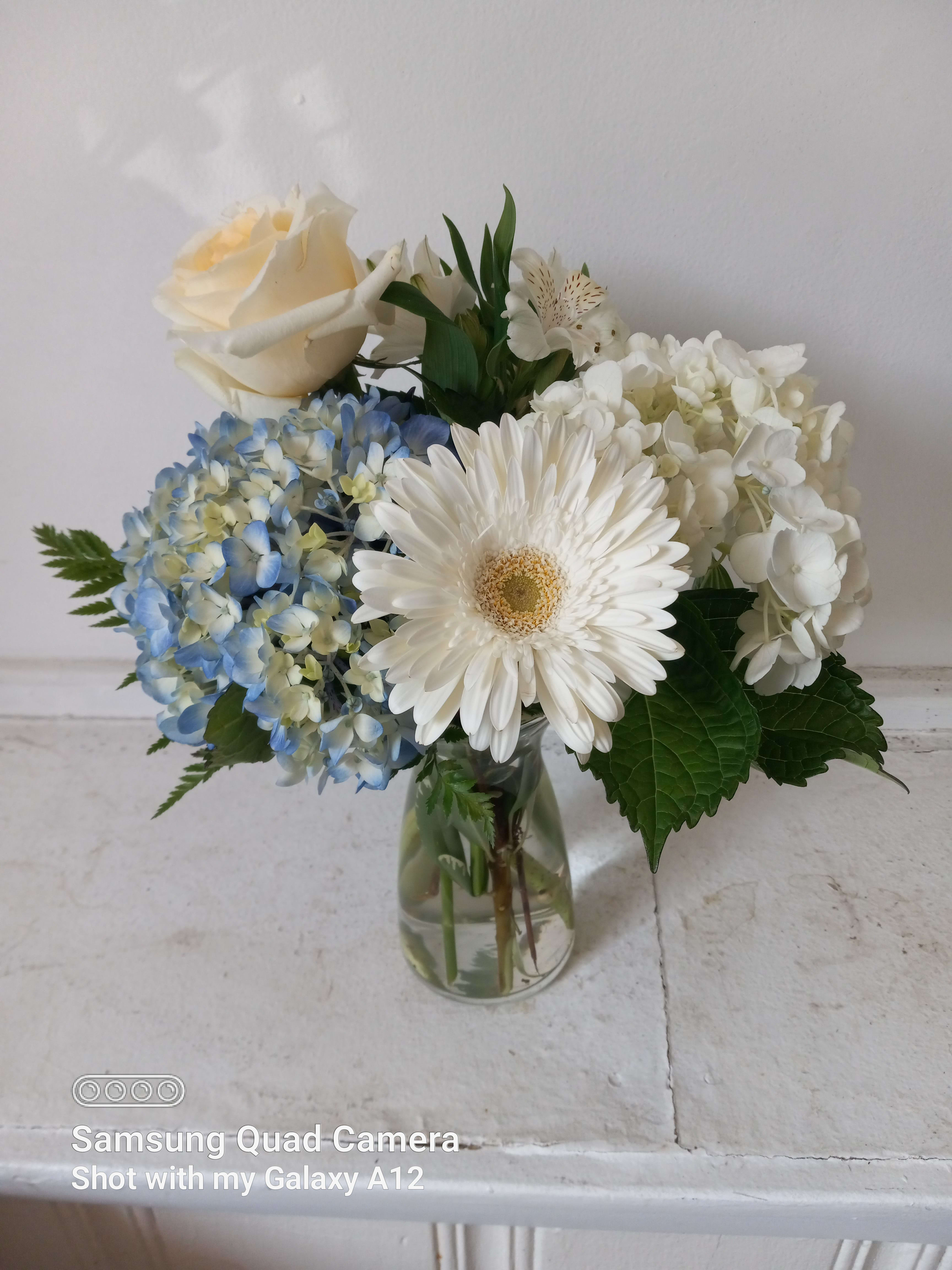 Polar star - Beautiful blue and white hydrangea, off white rose and white gerbera daisy in a budvase