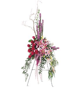  Amethyst and Ruby Standing Spray [TF205-2] - With its red and pink flowers, it shows your deepest sympathy will never be forgotten.  One standing easel spray arrives filled with red roses, purple liatris, stargazer lilies and a cluster of heather with cascading ribbon accents.  Approximately 30&quot; W x 64&quot; H  Orientation: One-Sided      As Shown : TF205-2  