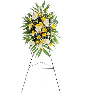Yellow Dawn Spray [TF188-1] - Like a new dawn, this classic spray of white and yellow flowers is a wonderful reminder that a new day is ahead.  One standing spray is made with white carnations, yellow cushion and button chrysanthemums, and is delivered on an easel.  Approximately 18&quot; W x 28&quot; H  Orientation: One-Sided      As Shown : TF188-1 