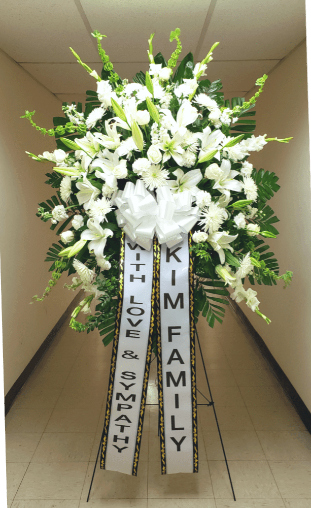 [TT-SPRAY33]  GRAND SYMPATHY SPRAY IN WHITE WITH 2 PRINTED VERTICAL BANNERS BY TWIN TOWERS FLORIST, ARLINGTON VA - GRAND SYMPATHY SPRAY IN WHITE WITH 2 PRINTED VERTICAL BANNERS BY TWIN TOWERS FLORIST IN ARLINGTON, VA