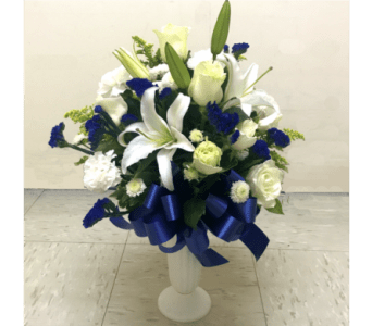  SAPPHIRE SKIES IN A CEMETERY CONE [TT-ANC77] - SAPPHIRE SKIES IN A CEMETERY CONE BY WITH TOWERS FLORIST      As Shown : TT-ANC77 