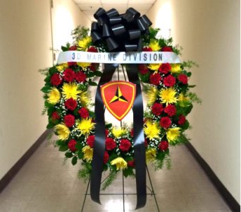 CUSTOM WREATH WITH PLACARD [TT-ANC60] - PLEASE CALL FOR CUSTOM WREATH REQUESTS.  ALL THE WREATHS CAN BE CUSTOMIZED WITH SPECIFIC COLORED FLOWERS AND BOWS, CENTER PLACARDS, LOGOS, FLAGS, PHOTOS, ORNAMENTS, ETC.  PRICES MAY VARY BASED ON CONTENT      As Shown : TT-ANC60 