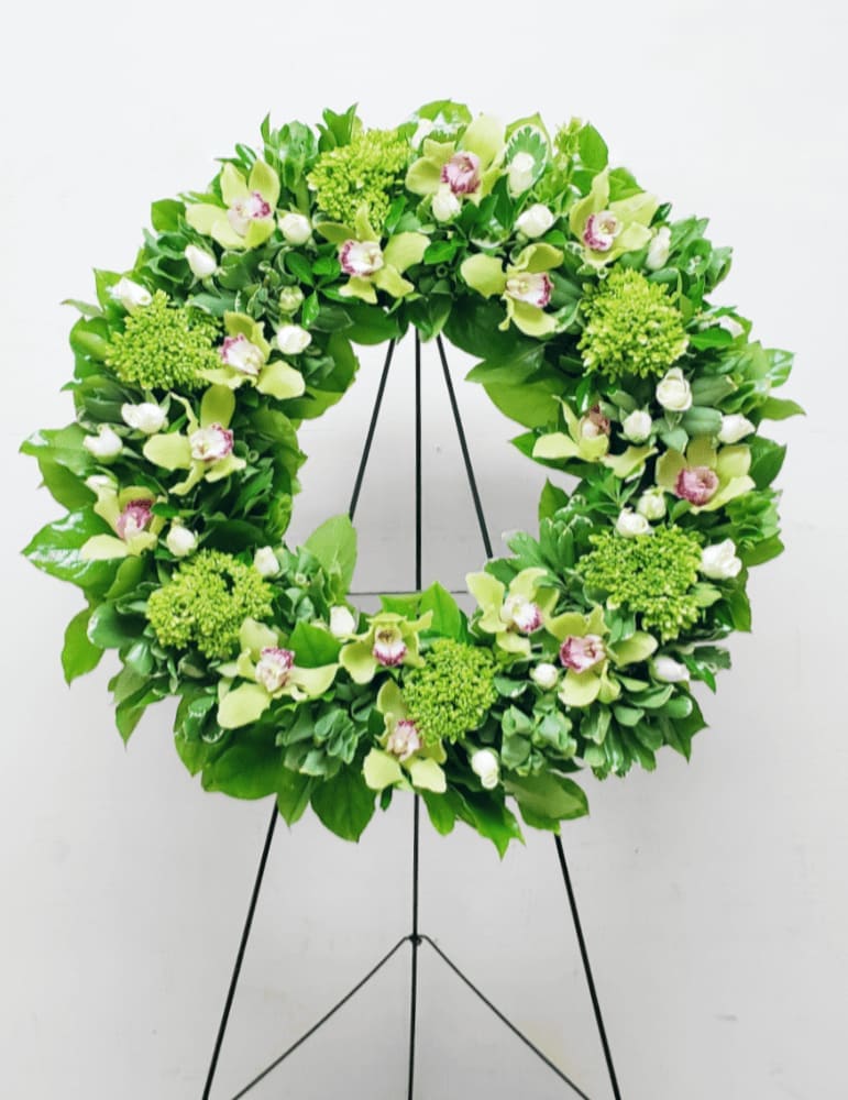[TT-ANC107]:  GREEN ORCHID WREATH by Twin Towers Florist, Arlington VA - GREEN ORCHID WREATH ON EASEL BY TWIN TOWERS FLORIST IN ARLINGTON, VA