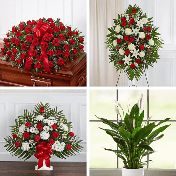 Red and White Service Arrangement Package  - Comes with; Casket Cover Matching Standing Spray Floor Basket to match Peace Lily Family can take home Similar flowers maybe used to assure the freshest flowers are used.
