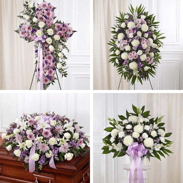 Beautiful Lavender and White (Service Floral Package) - Comes with; Casket Cover Matching Standing Spray Standing Basket to match Standing Cross to match Similar flowers maybe used to assure the freshest flowers are used.