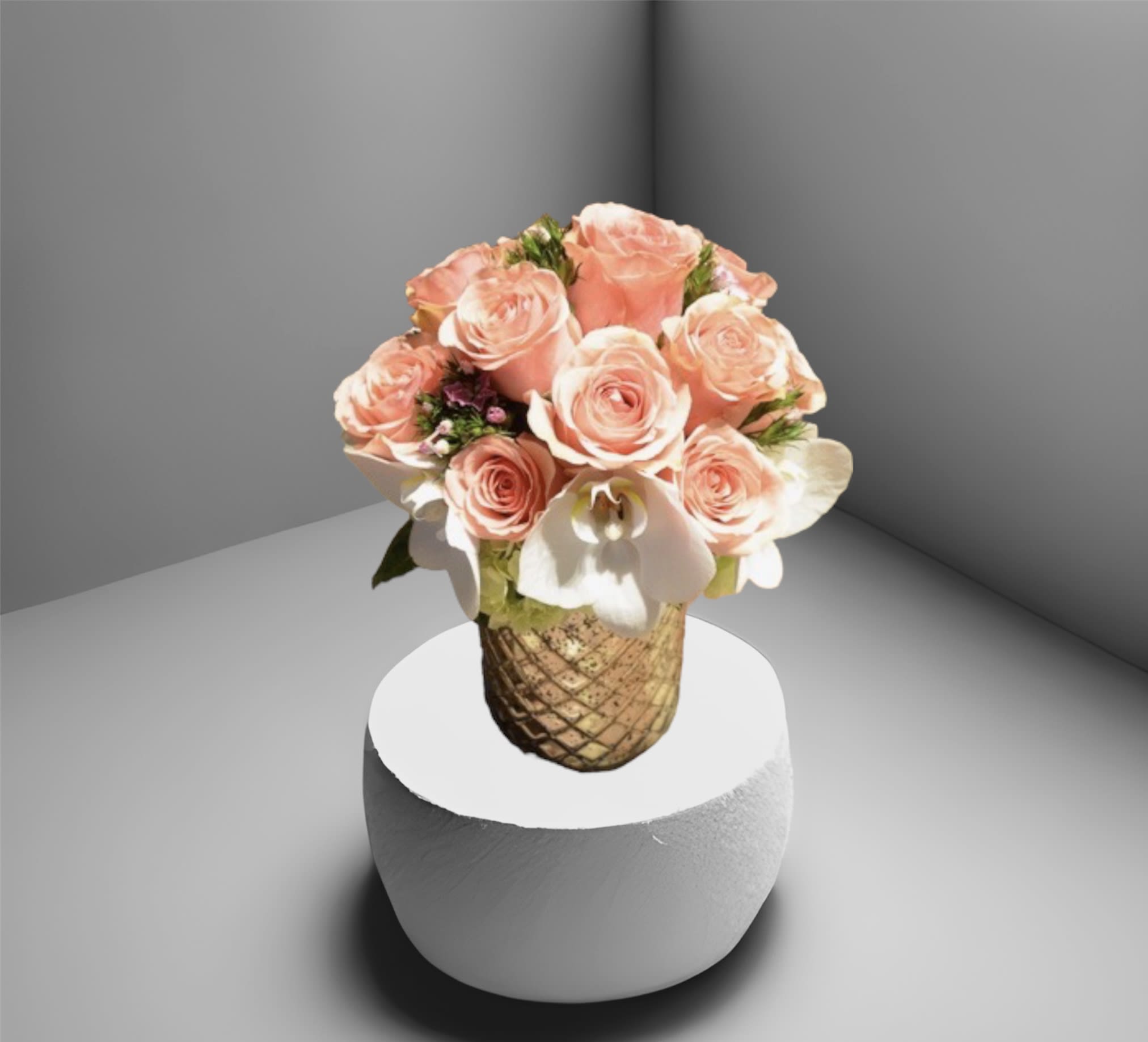 Pretty in Pink - One dozen pink roses surrounded by orchids, hydrangea, and foliage. This pretty arrangement makes a lovely Valentine's, Birthday, Anniversary, or &quot;Just Because&quot; gift! 