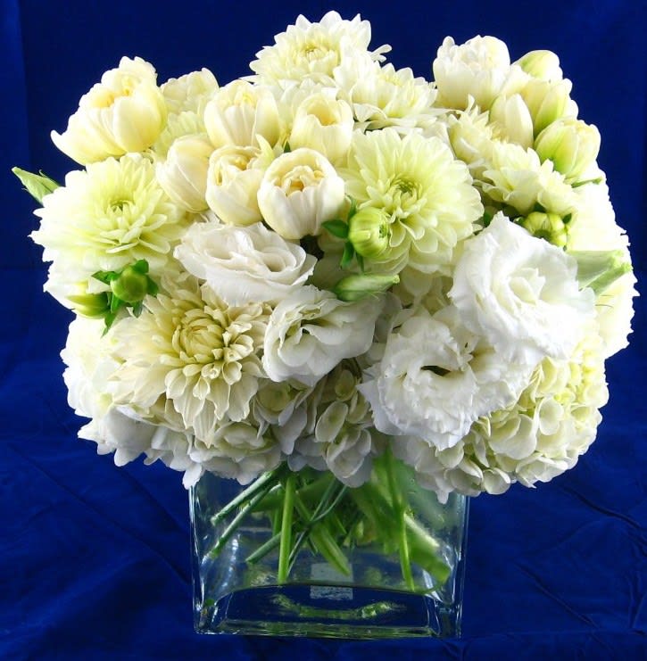 All White Cube - All white lush arrangement of hydrangea, dahlias and roses. 