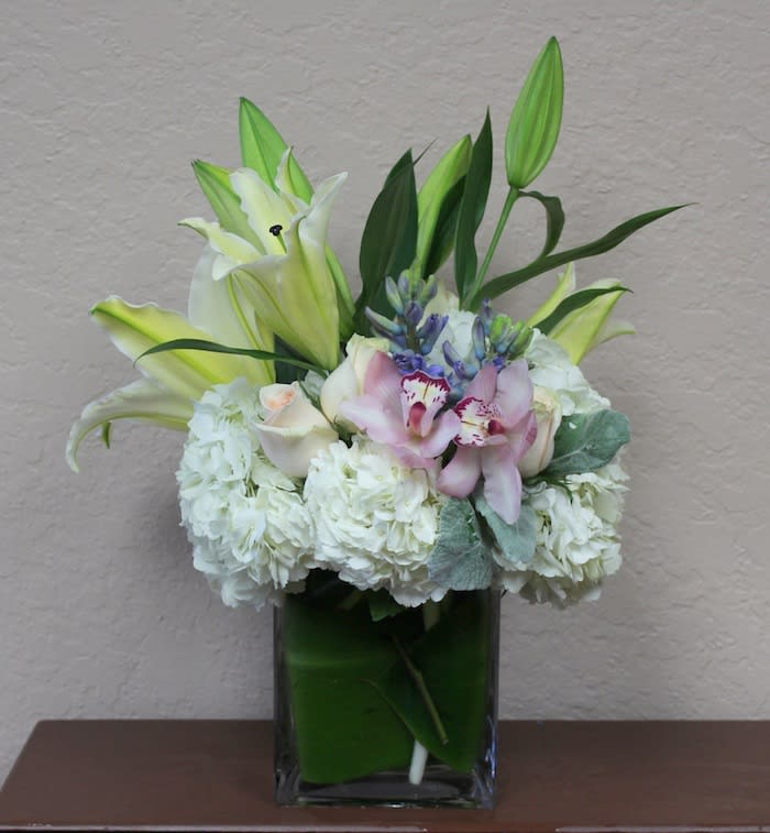 Lilie's Delight - Hydrangeas, White Lilies, Cymbidium Orchids, Roses and Hyacinths 