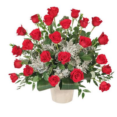 Dearest Departure Red Rose Funeral Basket - Celebrate the life of a lost loved one with a classy sympathy arrangement that features vibrant red roses that stand tall against luscious greenery. The Dearest Departure sympathy arrangement would be a perfect gift to relay your deepest condolences during this time of loss. Standard includes 18 Red Roses. Deluxe includes 24 Red Roses. Premium includes 36 Red Roses.