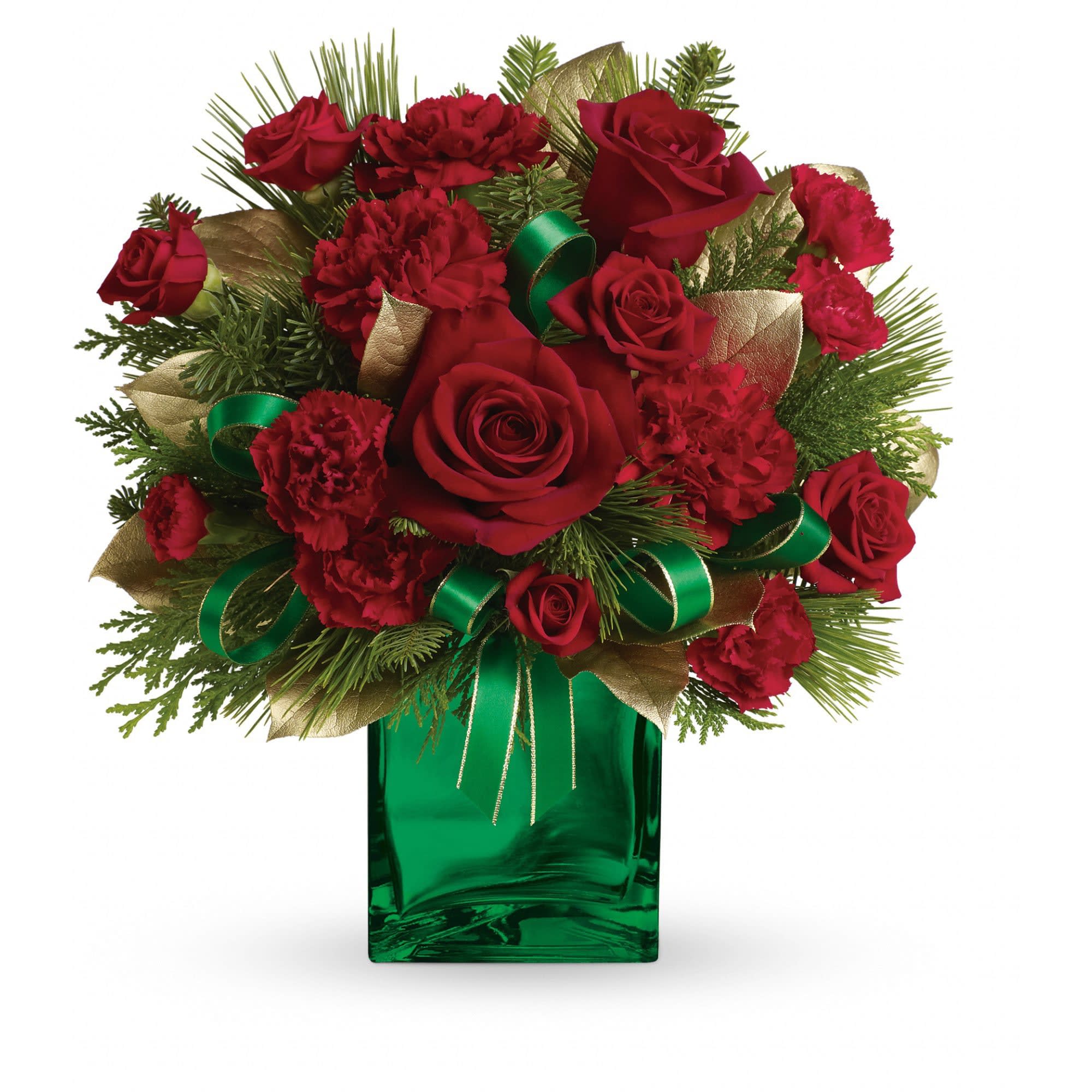 Teleflora's Yuletide Spirit Bouquet - Capture the spirit of the holidays with this gorgeous arrangement. Red roses arrive in our festive green mirrored cube.    Red roses, spray roses, carnations and miniature carnations are accented with assorted greens. Delivered in Teleflora's green mirrored cube.    Approximately 12&quot; W x 12 3/4&quot; H    Orientation: One-Sided    As Shown : TWR02-1A  Deluxe : TWR02-1B  Premium : TWR02-1C