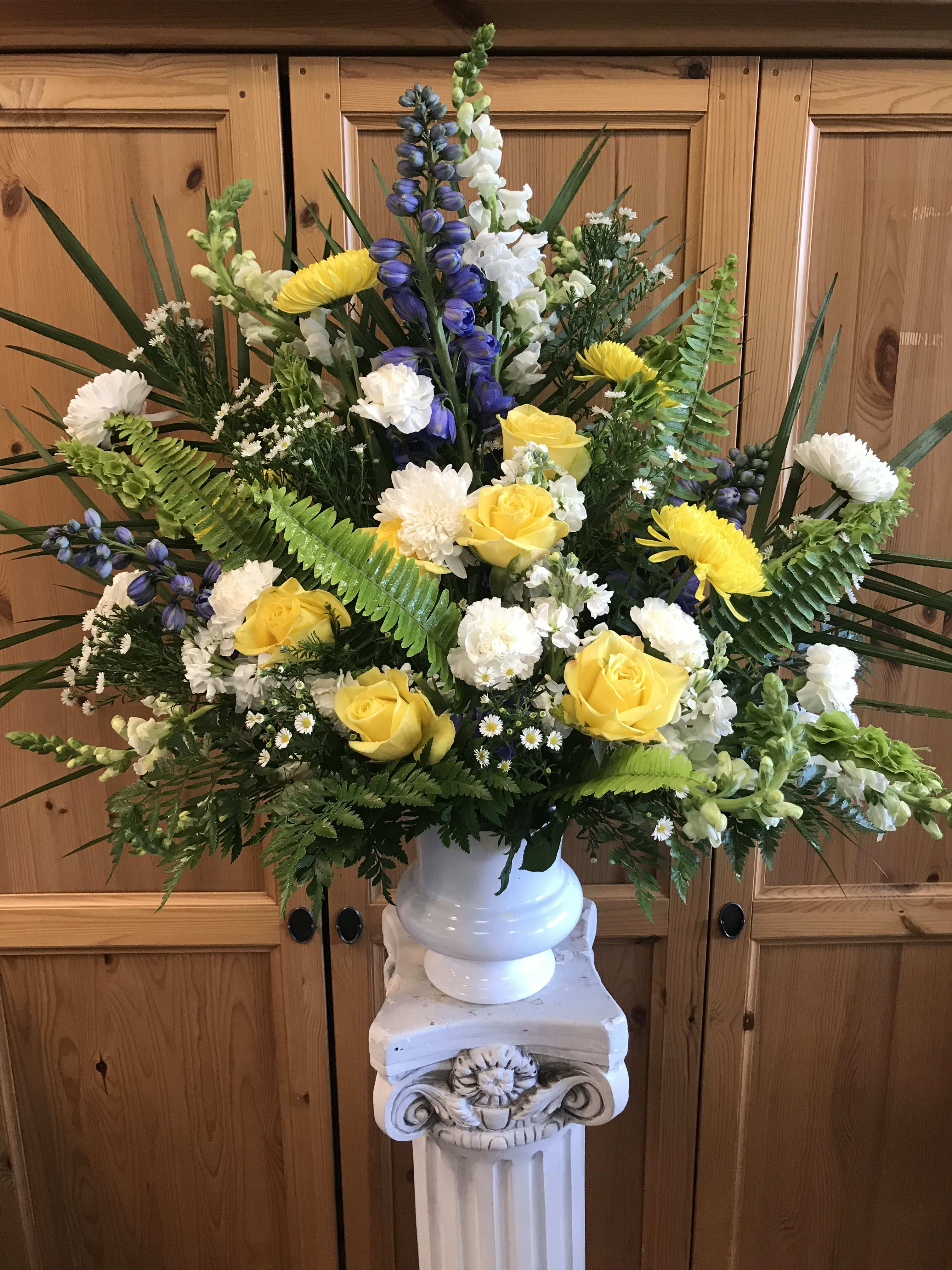 Peace and Blessings  - Peace and Blessings is a thoughtful and bright mixed arrangement in white, yellow, and blue flowers.  Other color combinations available.