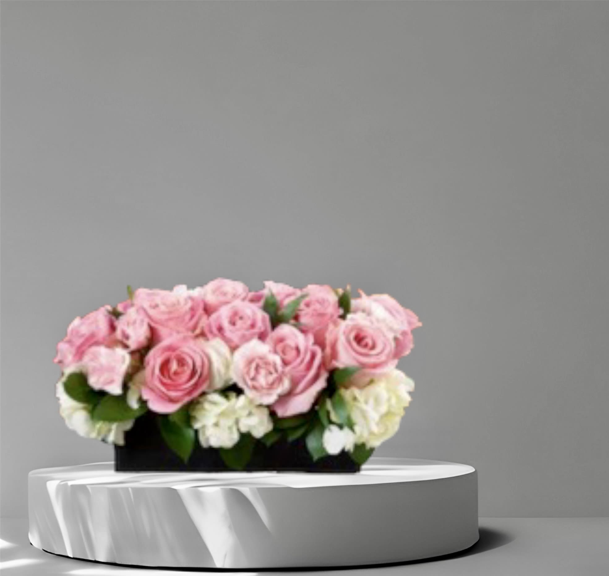 Pink Rose Box - Pink Roses and Hydrangeas in a low rectangular vase.