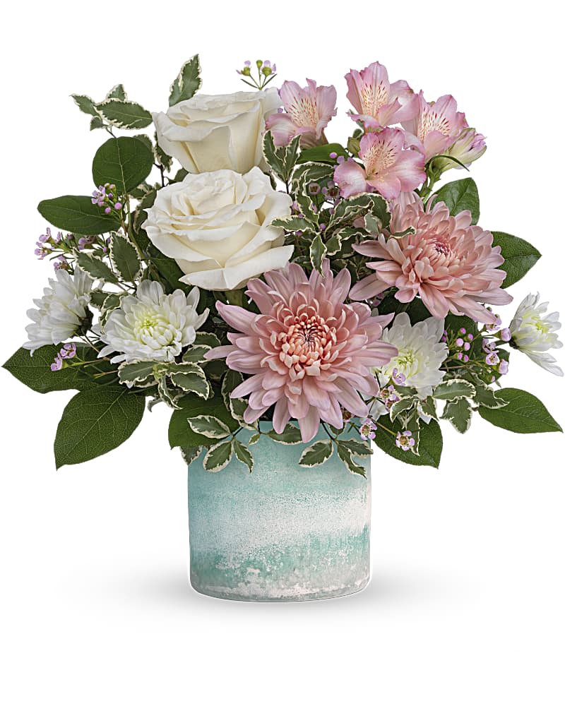Sweetly You Bouquet - Sweet as can be, this precious pink and cream bouquet in a stunning art glass keepsake vase is a heartfelt gift any day of the week. Creme roses, pink alstroemeria, pink disbud chrysanthemums, white cushion spray chrysanthemums and pink waxflower are arranged with lemon leaf and pitta negra. Delivered in Teleflora's Color Frost Art Glass cylinder.