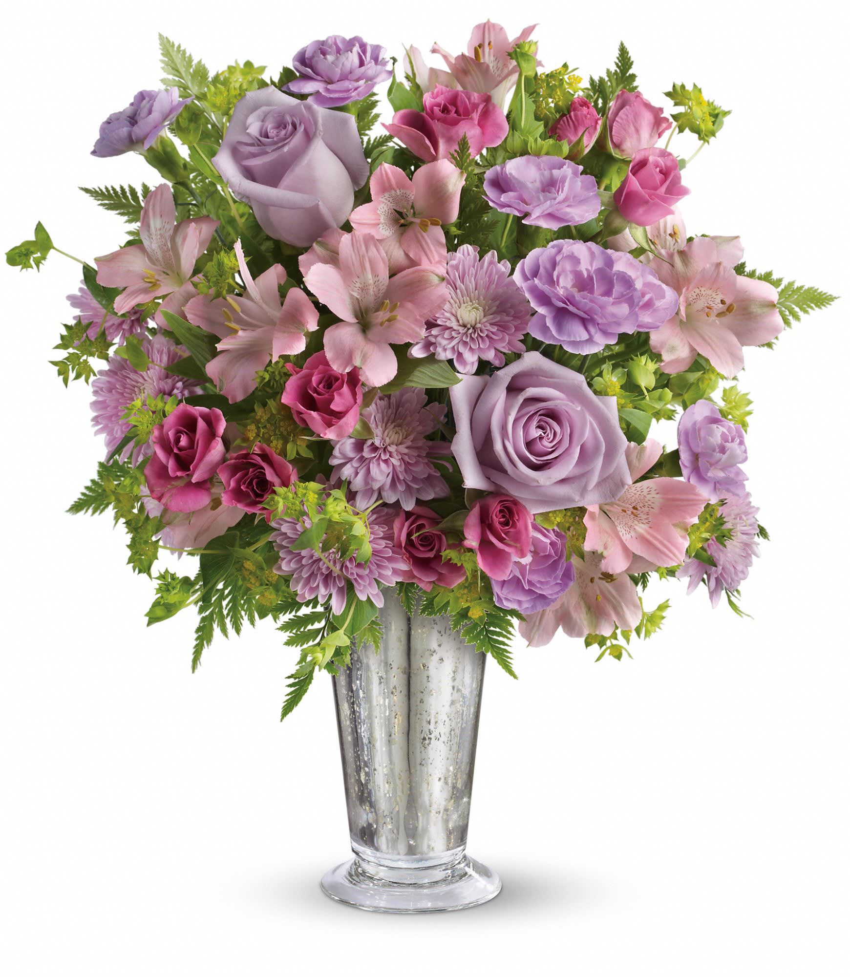 Teleflora's Sheer Delight Bouquet (TEV29-1A) - The essence of femininity. Delight her with flirty-fun lavender and pink blooms presented in a gorgeous Mercury Glass julep vase. It's a gift that will sparkle in her memory forever. 