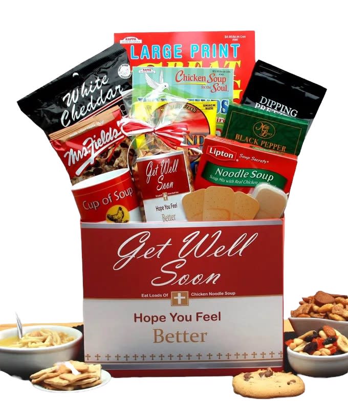 Get Well Soon Care Package - Send a get well soon care package that's good for the body, mind, and soul. Full of everything you need to fell better, your friend or loved one will know instantly that you're thinking of them and wish them the best. A thoughtful gesture to help someone on the mend, and have them feeling better in no time! 