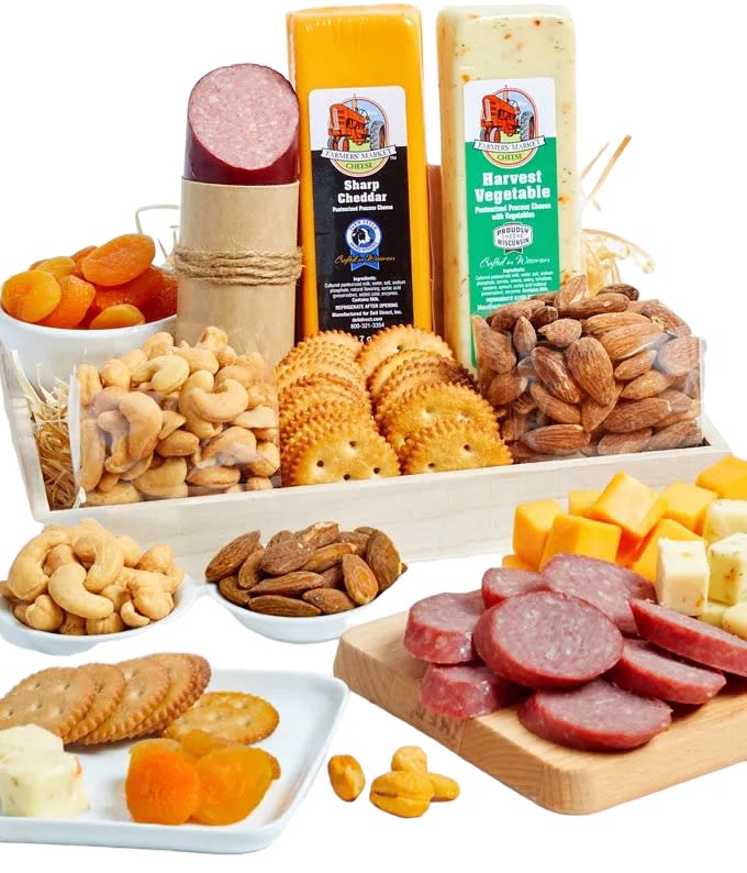 Cheese, Sausage, Crackers, &amp; Nuts Tray - Sweet and savory snacks make the perfect gift for their birthday, housewarming, graduation, or just because! Your lucky friend, neighbor, or loved one is sure to cherish the delicious treats and your thoughtful gesture. Surprise them with an overflowing basket of dried fruit, cheese, crackers, and sausage.