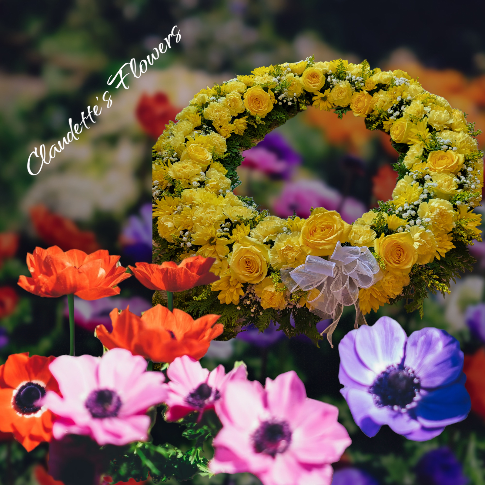 My yellow delight - All yellow flowers will make this the perfect tribute to your loved one.  This can also be used as a wreath.  Item shown is a cremation ring.