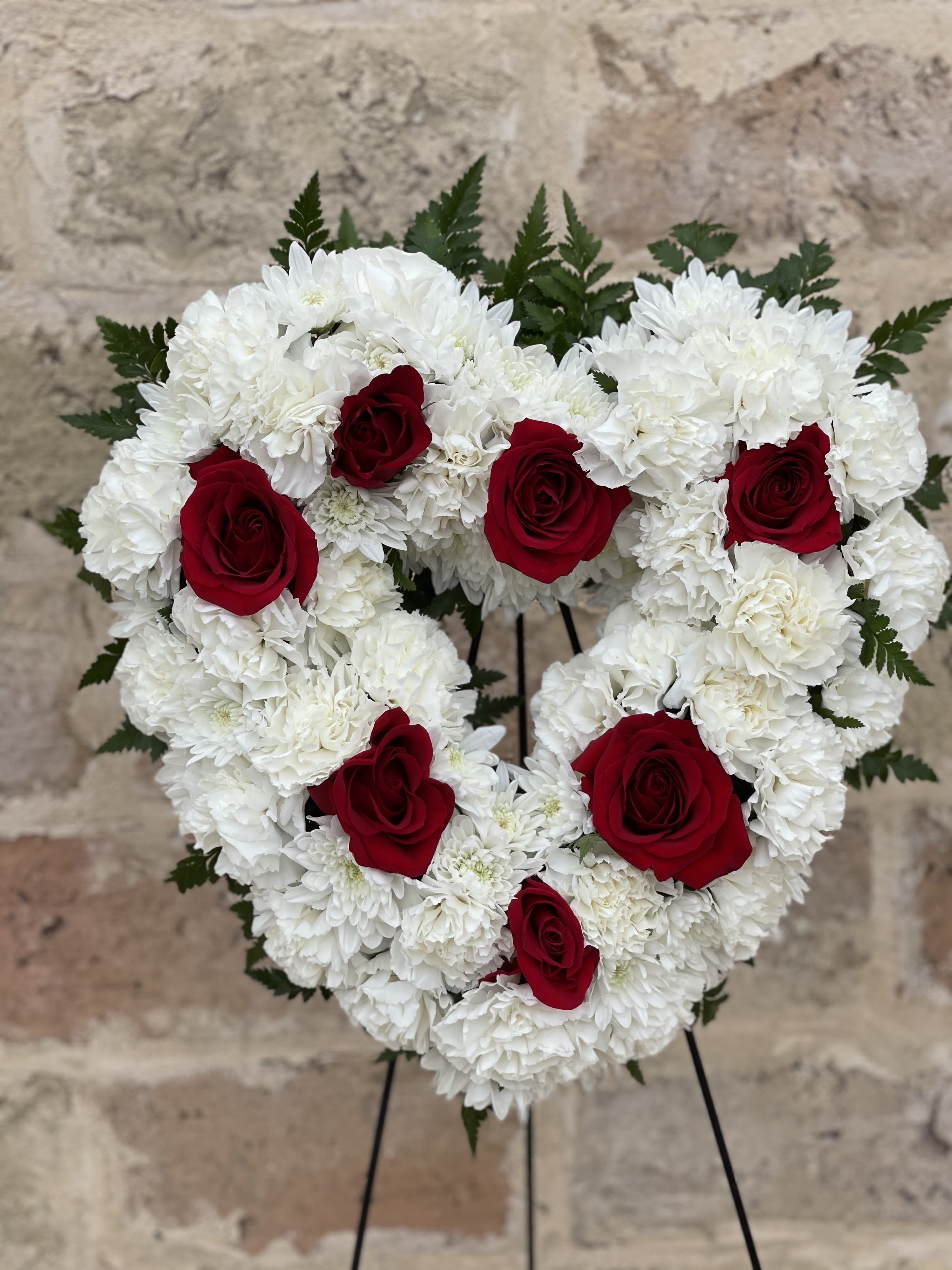 Tears in Heaven - Expressing your sentiments for someone you loved and miss with this open heart featuring white flowers and red roses.