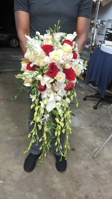 Large Cascade Bridal Bouquet Large Cascade Bridal Bouquet - Cascade Bouquet with Roses, Orchids, Calla Lilies and Sotck.