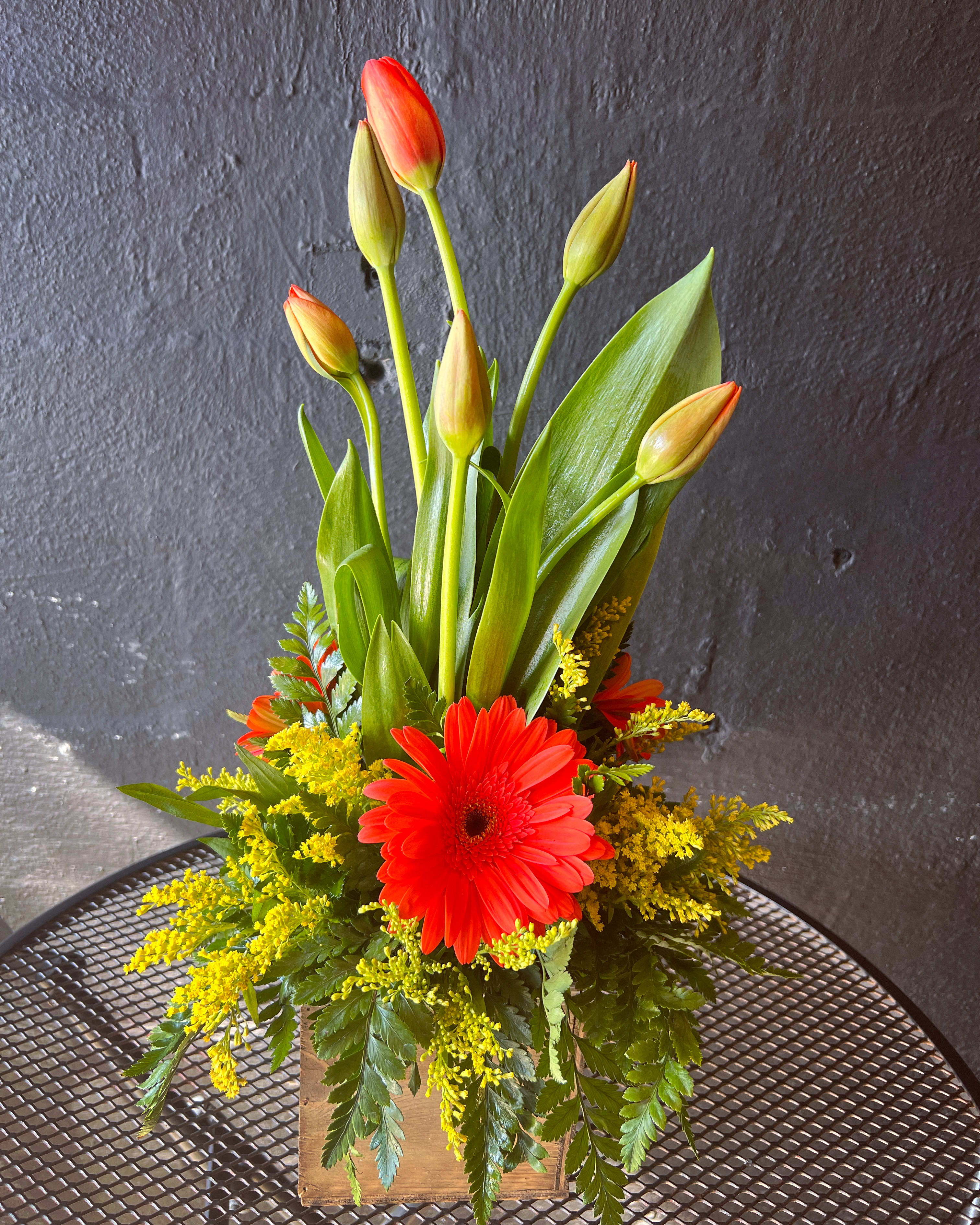 Wooden box with tulips by Flower Studio San Diego